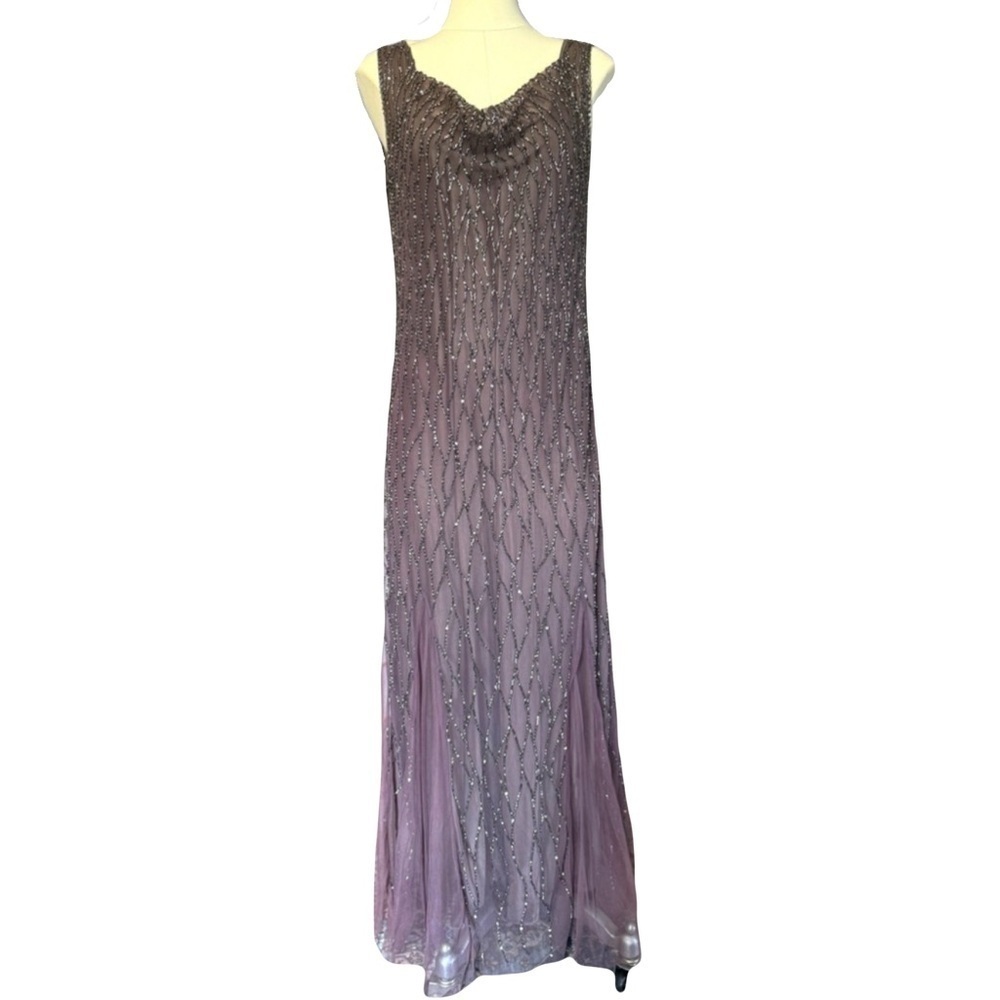JKARA women’s taupe/dusty purple beaded formal gown with draping in front & back